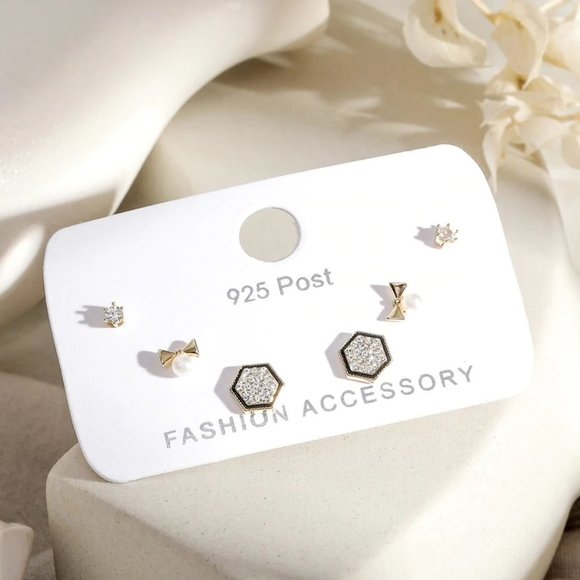 [3 Pairs] 925 Sterling Silver Diamond Earrings F - Picture 5 of 7